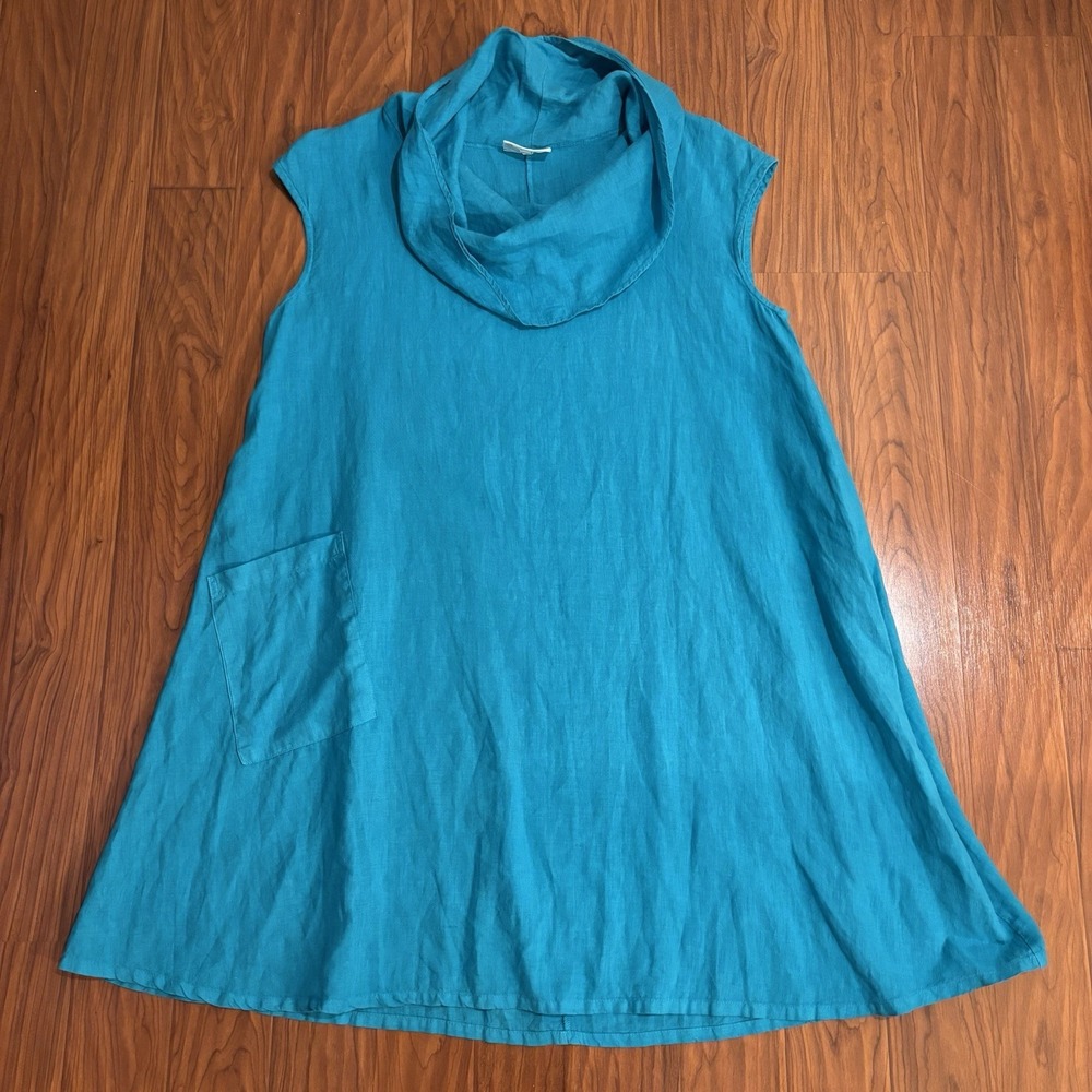 Bryn Walker Linen Tunic Top Turquoise Blue Cowl Neck Sleeveless Pocket Medium